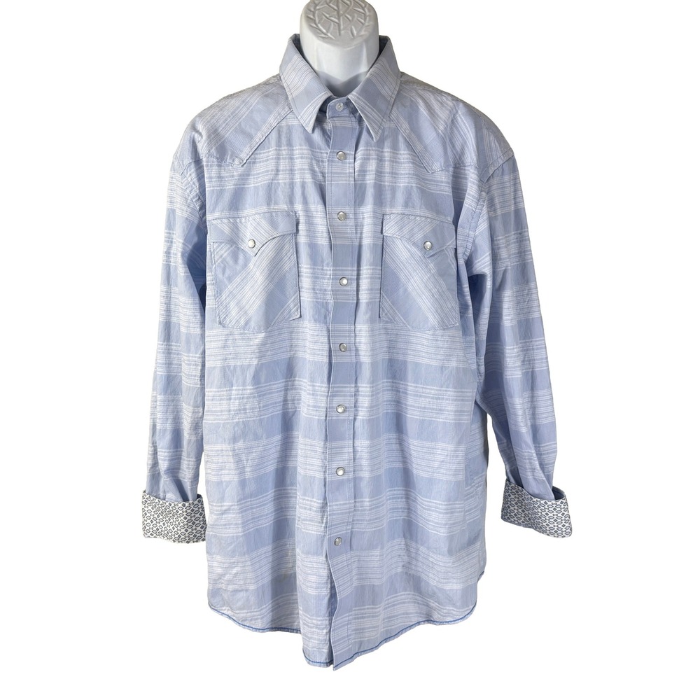 Panhandle Rough Stock‎ Western Shirt Mens XL Blue Striped Pearl Snap Long Sleeve